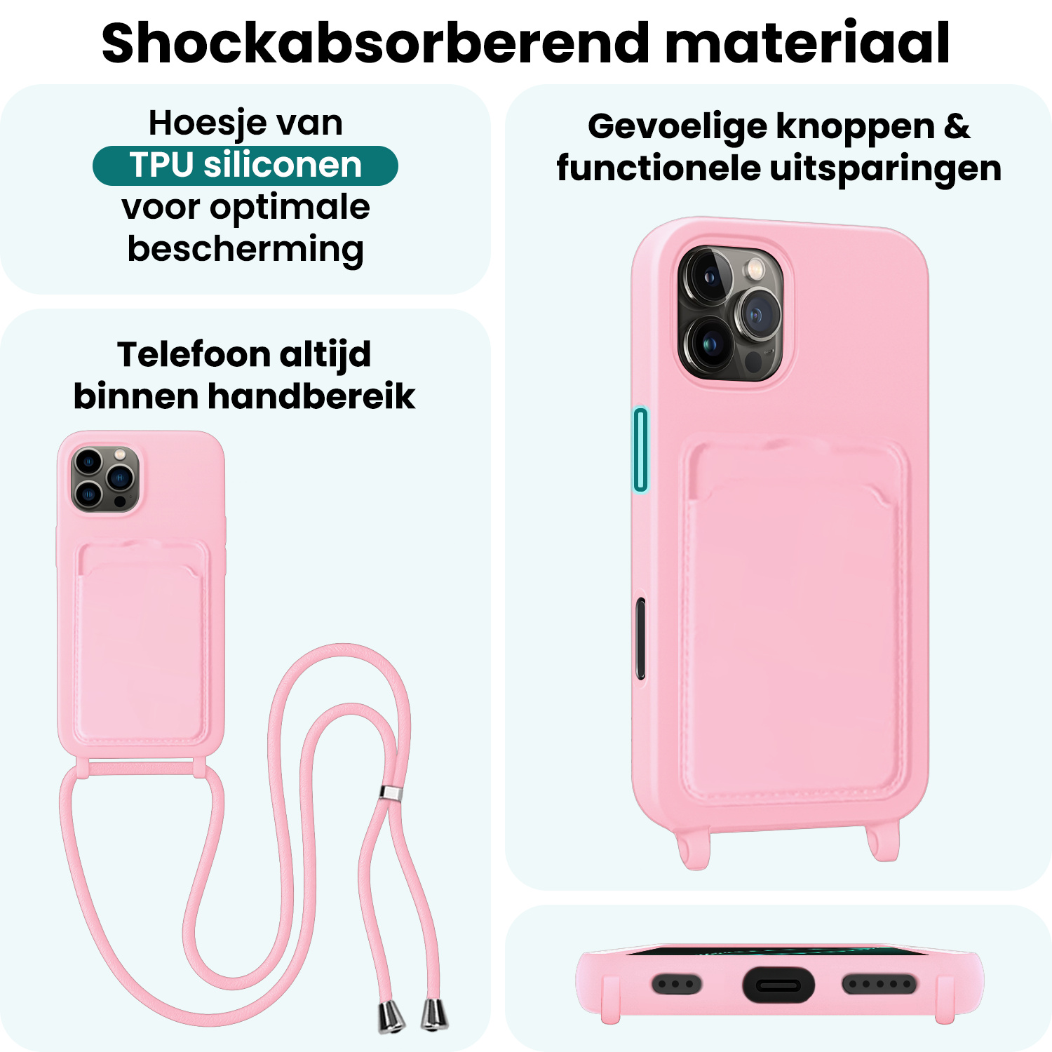 Forterra Forterra iPhone 16 Pro Max Hoesje Pashouder met Koord Met 2x Screenprotector - Lichtroze