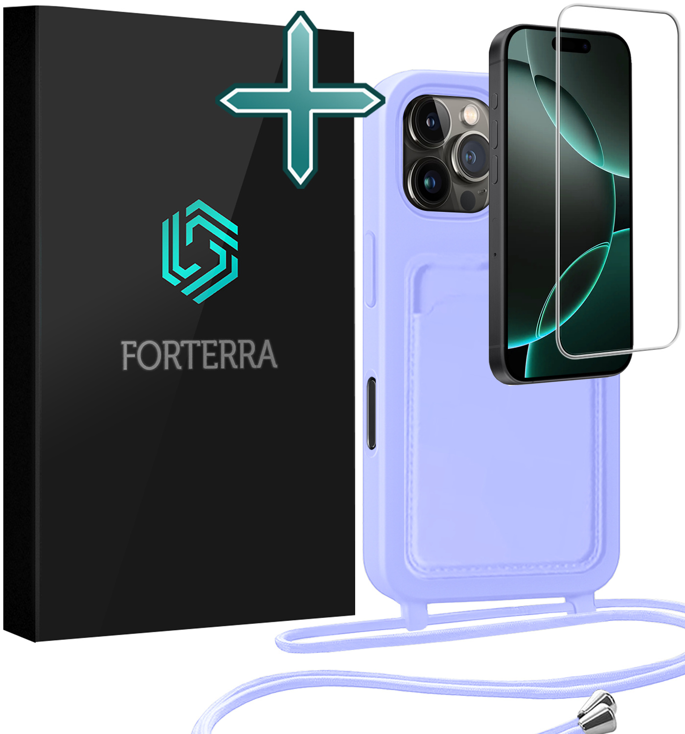 Forterra Forterra iPhone 16 Pro Max Hoesje Pashouder met Koord Met Screenprotector - Lila