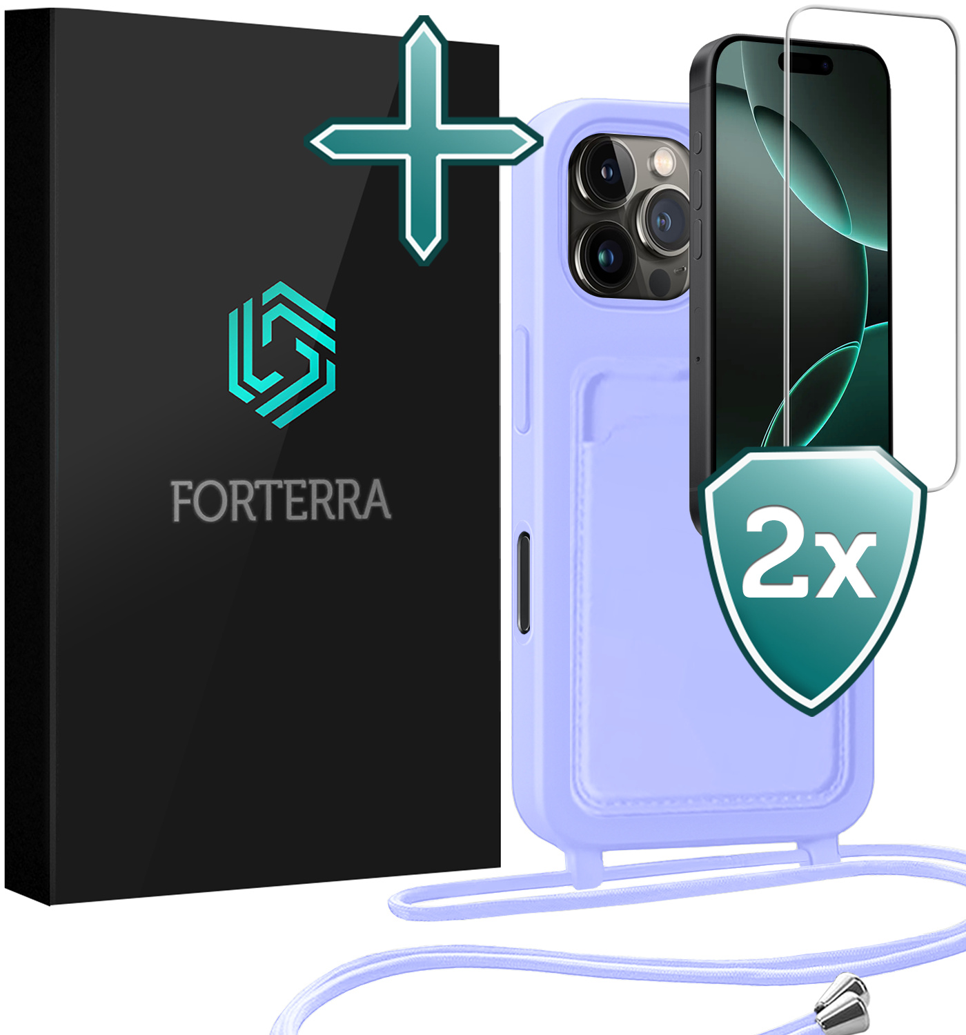 Forterra Forterra iPhone 16 Pro Max Hoesje Pashouder met Koord Met 2x Screenprotector - Lila