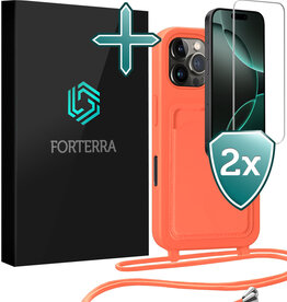 Forterra Forterra iPhone 16 Pro Max Hoesje Pashouder met Koord Met 2x Screenprotector - Papaya