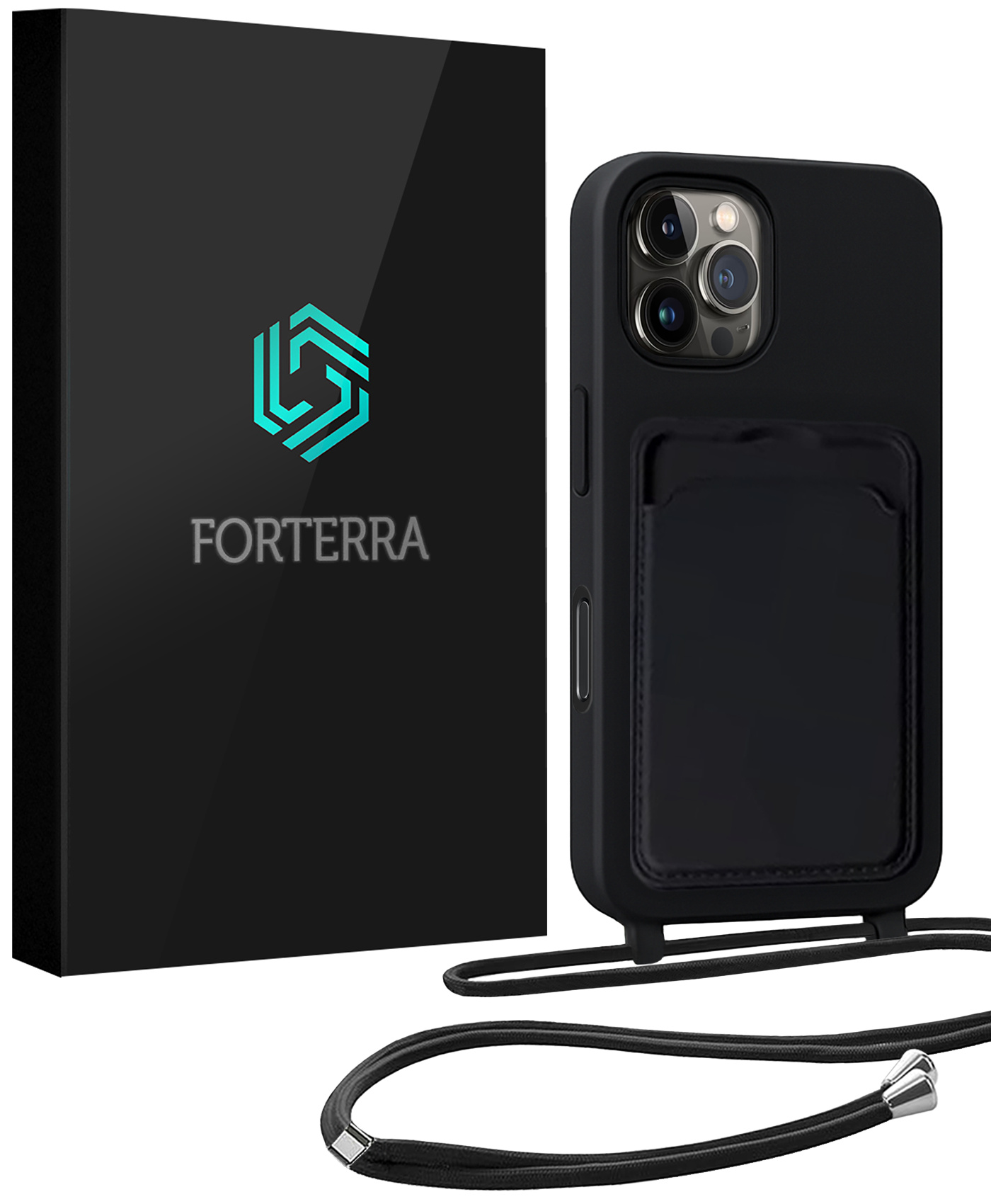 Forterra Forterra iPhone 16 Pro Max Hoesje Pashouder met Koord - Zwart