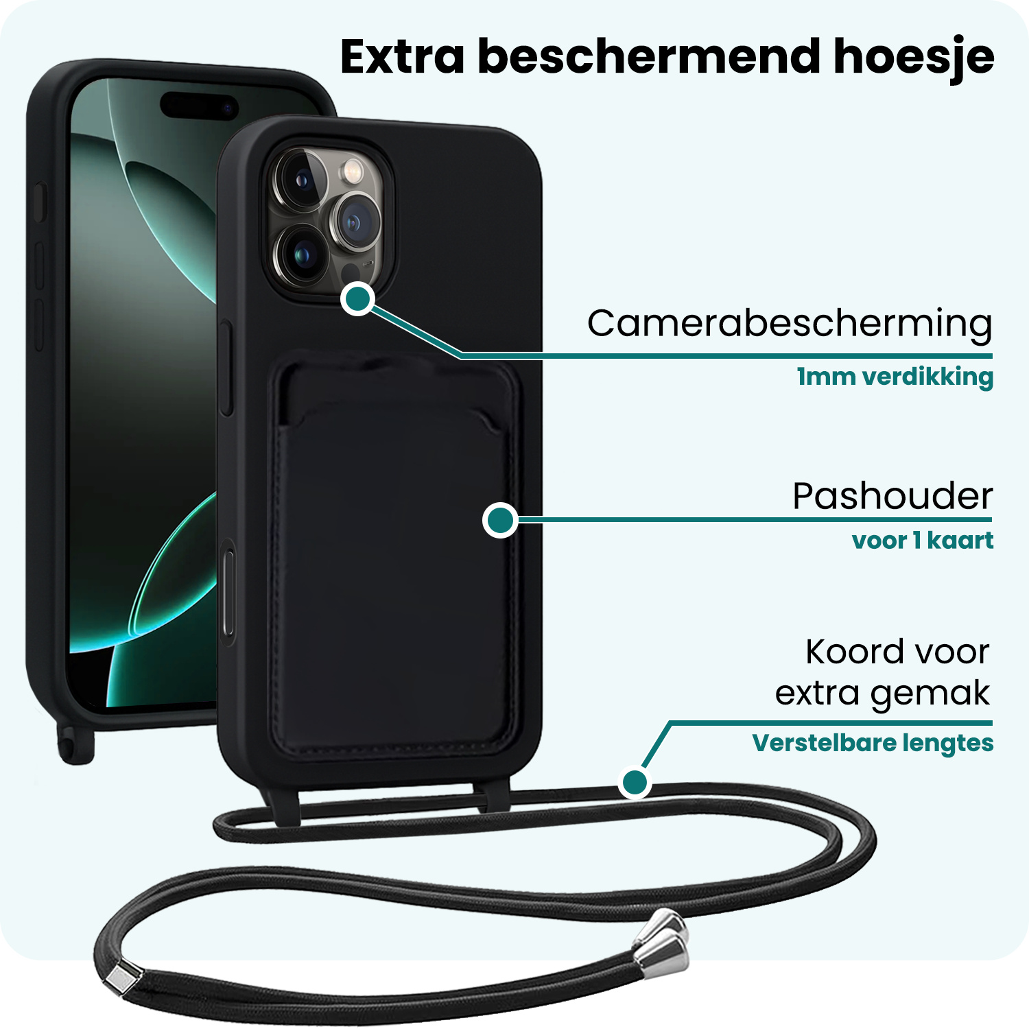 Forterra Forterra iPhone 16 Pro Max Hoesje Pashouder met Koord - Zwart