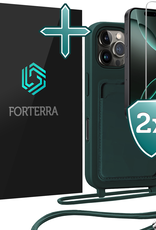 Forterra Forterra iPhone 16 Pro Hoesje Pashouder met Koord Met 2x Screenprotector - Donkergroen
