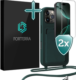 Forterra Forterra iPhone 16 Pro Hoesje Pashouder met Koord Met 2x Screenprotector - Donkergroen