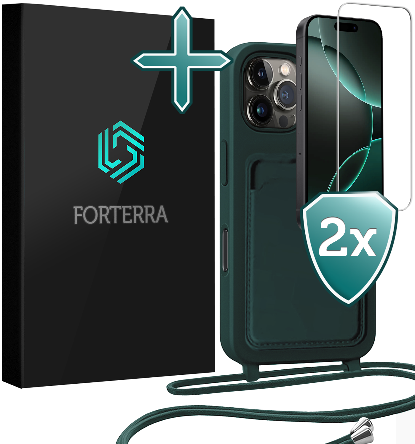 Forterra Forterra iPhone 16 Pro Hoesje Pashouder met Koord Met 2x Screenprotector - Donkergroen