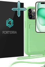 Forterra Forterra iPhone 15 Pro Max Hoesje Pashouder met Koord Met Screenprotector - Groen
