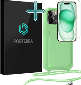 Forterra Forterra iPhone 15 Pro Max Hoesje Pashouder met Koord Met Screenprotector - Groen