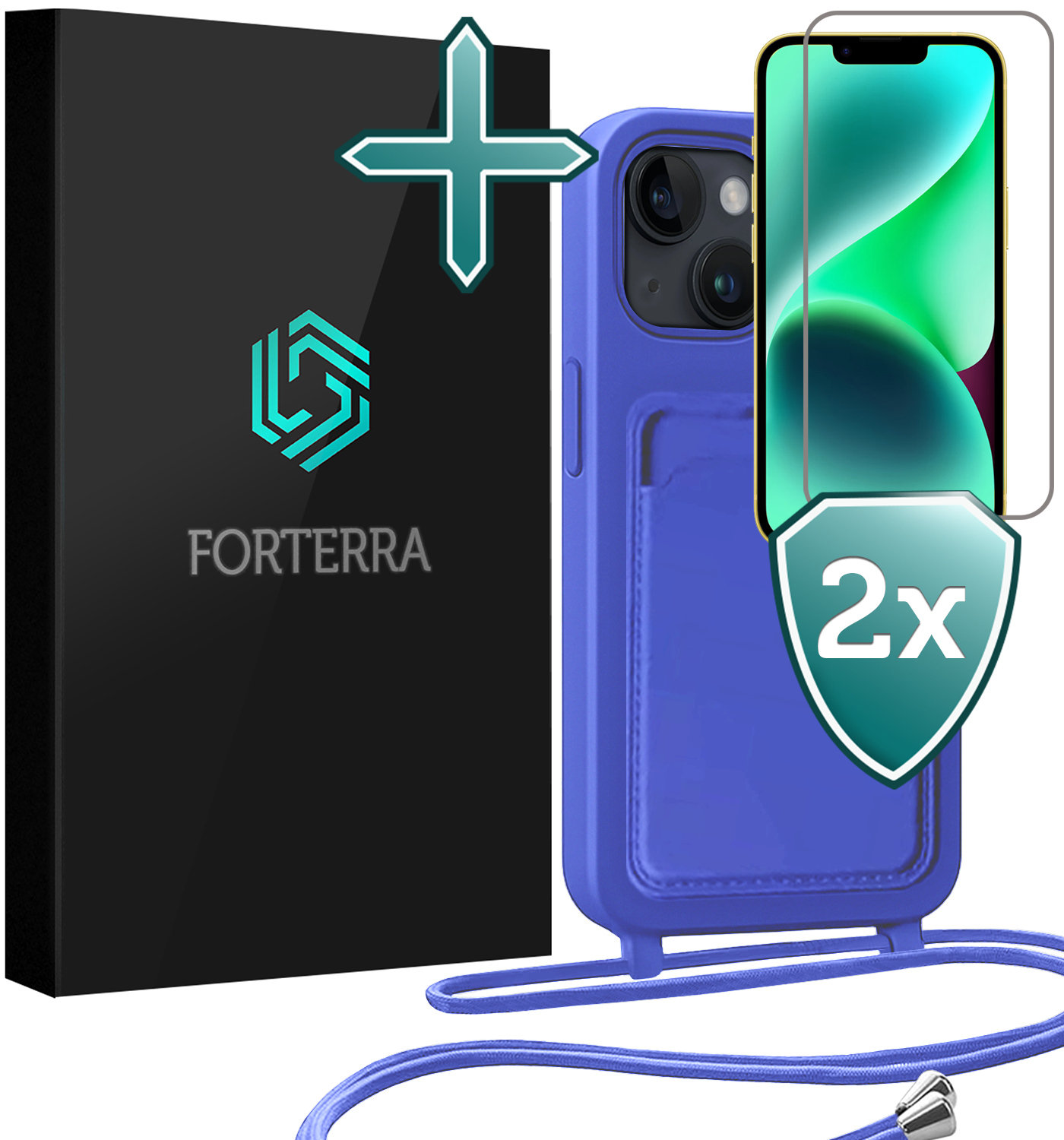 Forterra Forterra iPhone 13 Hoesje Pashouder met Koord Met 2x Screenprotector - Fel Blauw