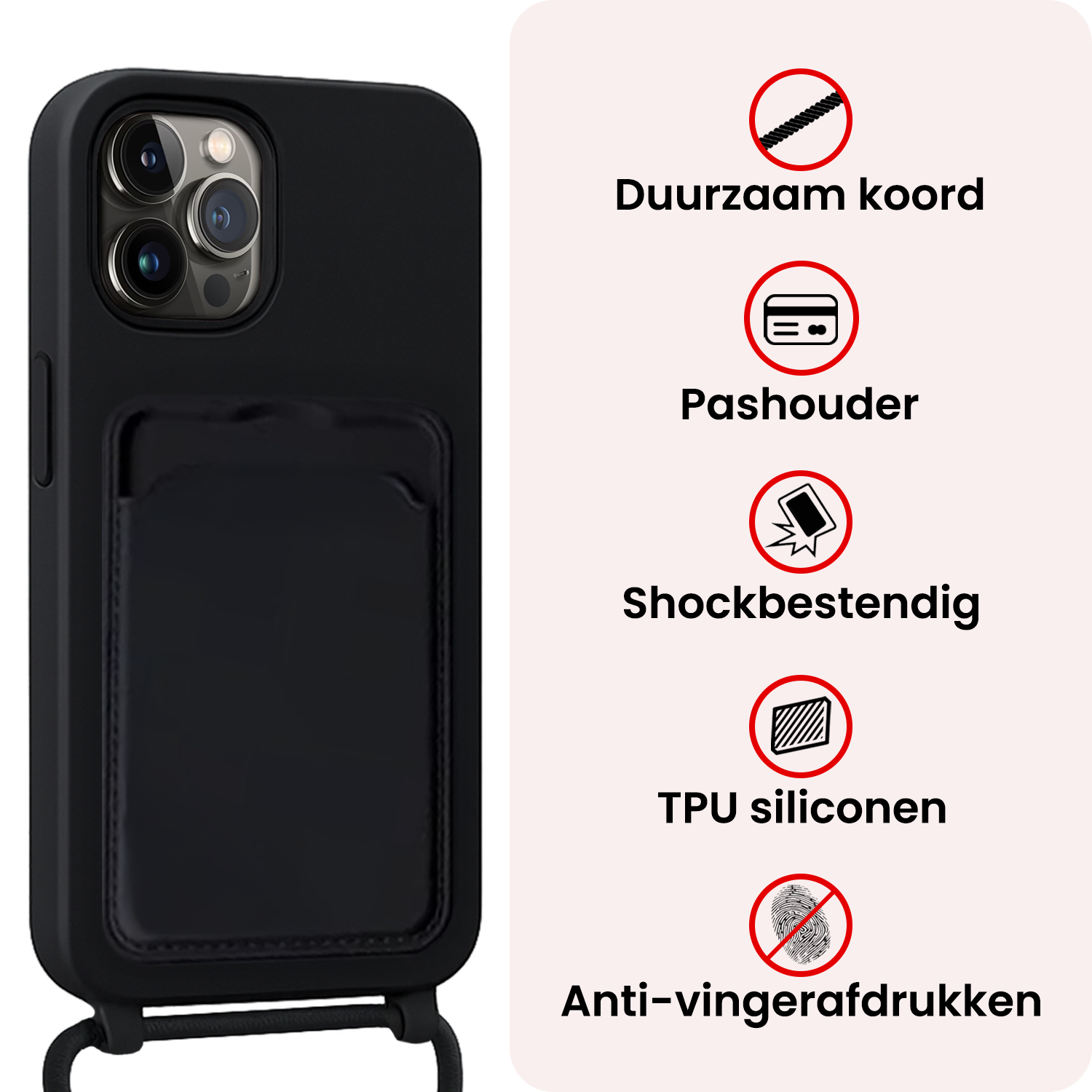 NoXx NoXx iPhone 14 Pro Max Hoesje Pashouder met Koord Met 2x Screenprotector - Zwart