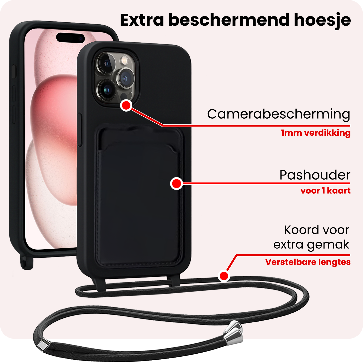 NoXx NoXx iPhone 14 Pro Max Hoesje Pashouder met Koord Met 2x Screenprotector - Zwart