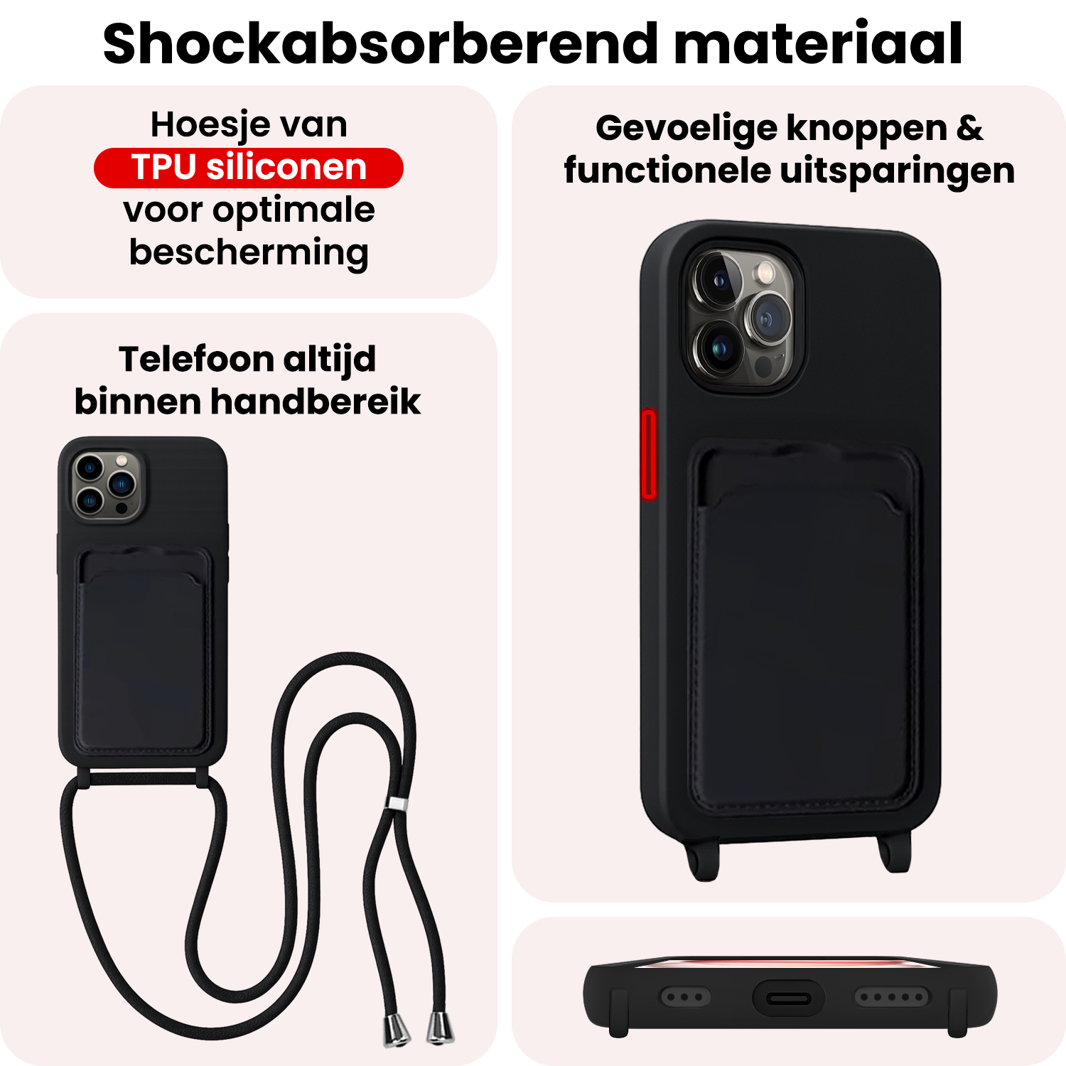 NoXx NoXx iPhone 14 Pro Max Hoesje Pashouder met Koord Met 2x Screenprotector - Zwart