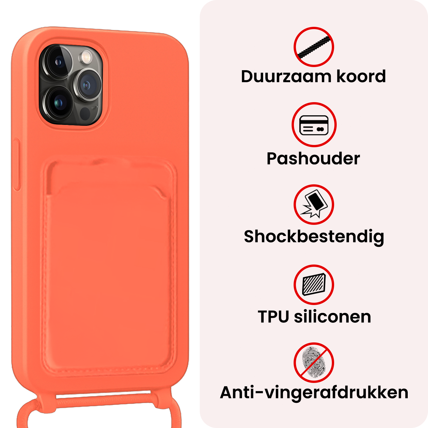 NoXx NoXx iPhone 14 Pro Max Hoesje Pashouder met Koord Met 2x Screenprotector - Papaya