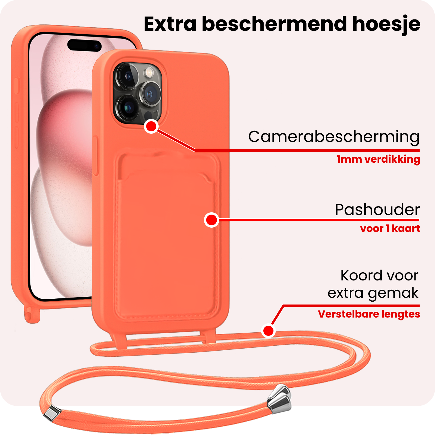 NoXx NoXx iPhone 14 Pro Max Hoesje Pashouder met Koord Met 2x Screenprotector - Papaya
