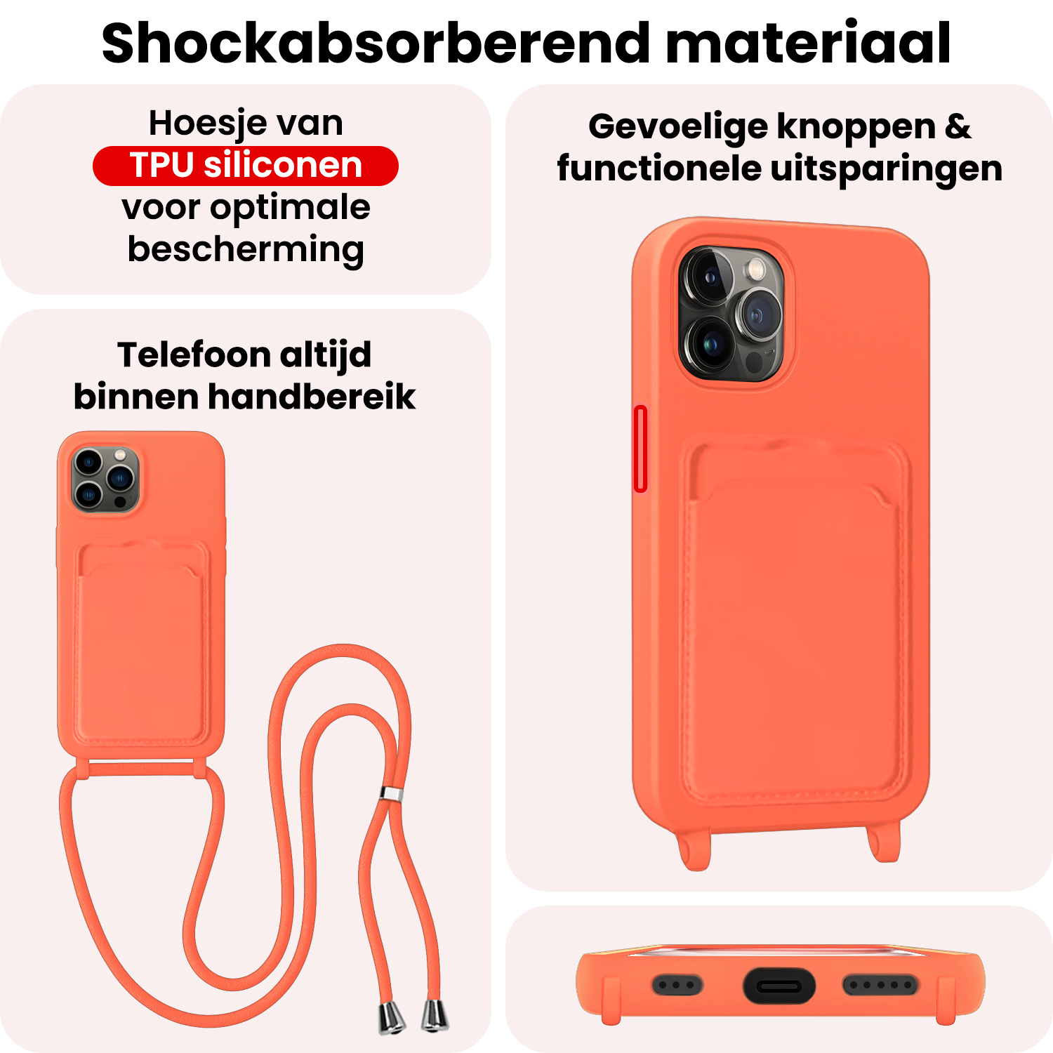 NoXx NoXx iPhone 14 Pro Max Hoesje Pashouder met Koord Met 2x Screenprotector - Papaya