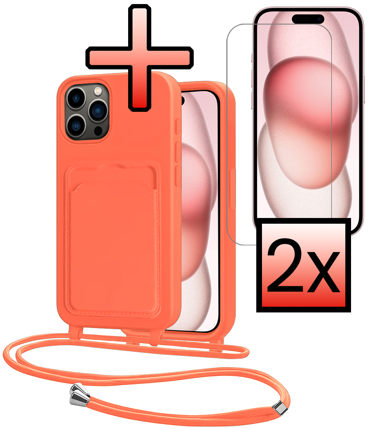 NoXx NoXx iPhone 14 Pro Max Hoesje Pashouder met Koord Met 2x Screenprotector - Papaya