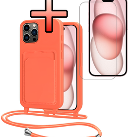 NoXx NoXx iPhone 14 Pro Max Hoesje Pashouder met Koord Met Screenprotector - Papaya