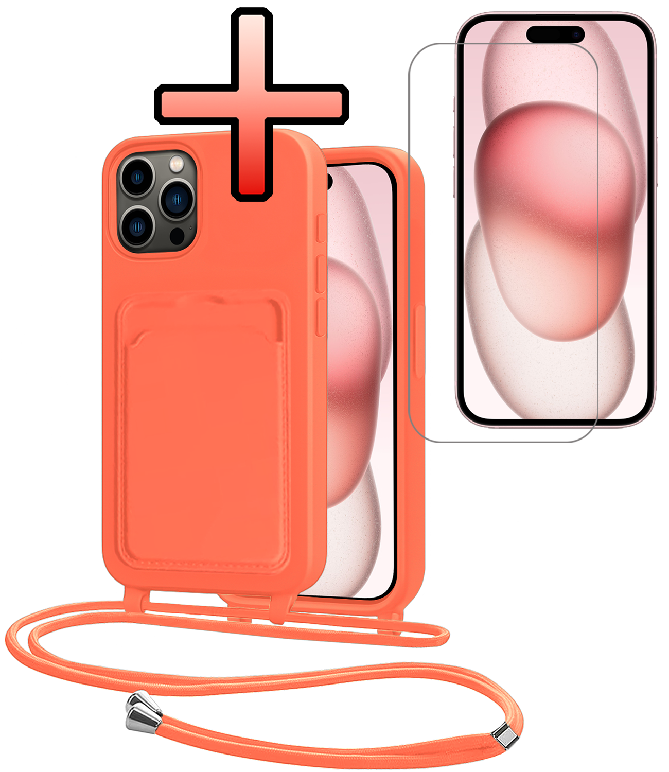 NoXx NoXx iPhone 14 Pro Max Hoesje Pashouder met Koord Met Screenprotector - Papaya