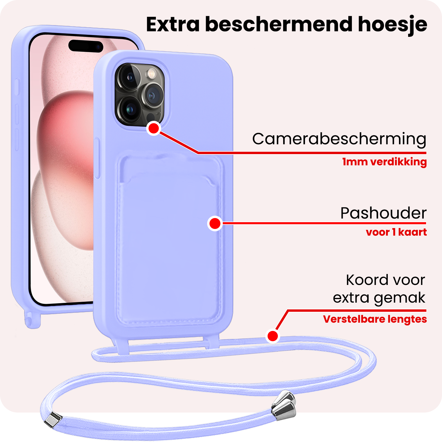 NoXx NoXx iPhone 14 Pro Max Hoesje Pashouder met Koord Met 2x Screenprotector - Lila