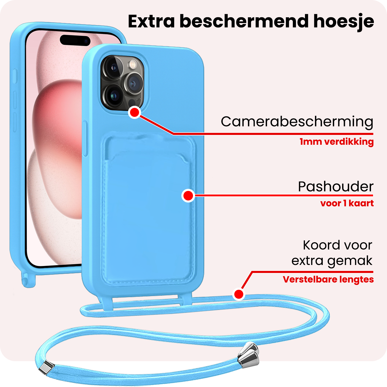 NoXx NoXx iPhone 14 Pro Max Hoesje Pashouder met Koord Met 2x Screenprotector - Lichtblauw