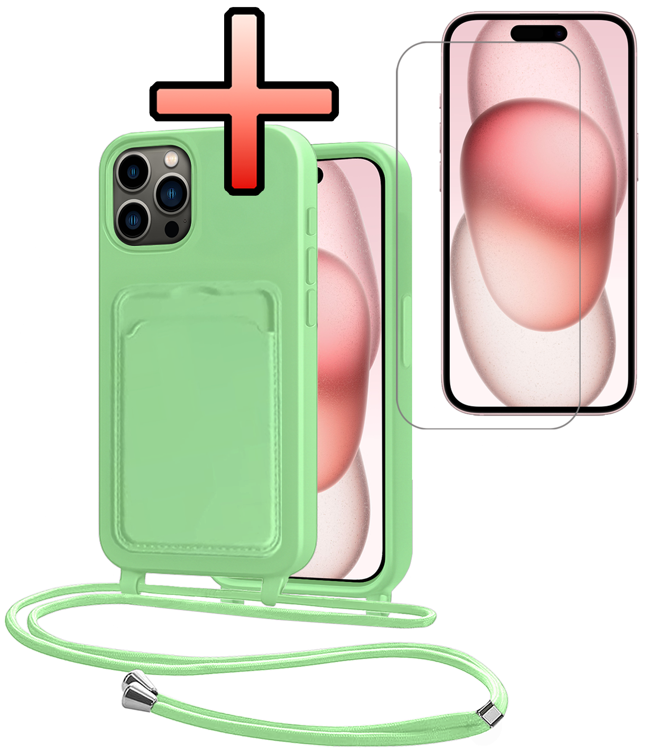 NoXx NoXx iPhone 14 Pro Max Hoesje Pashouder met Koord Met Screenprotector - Groen