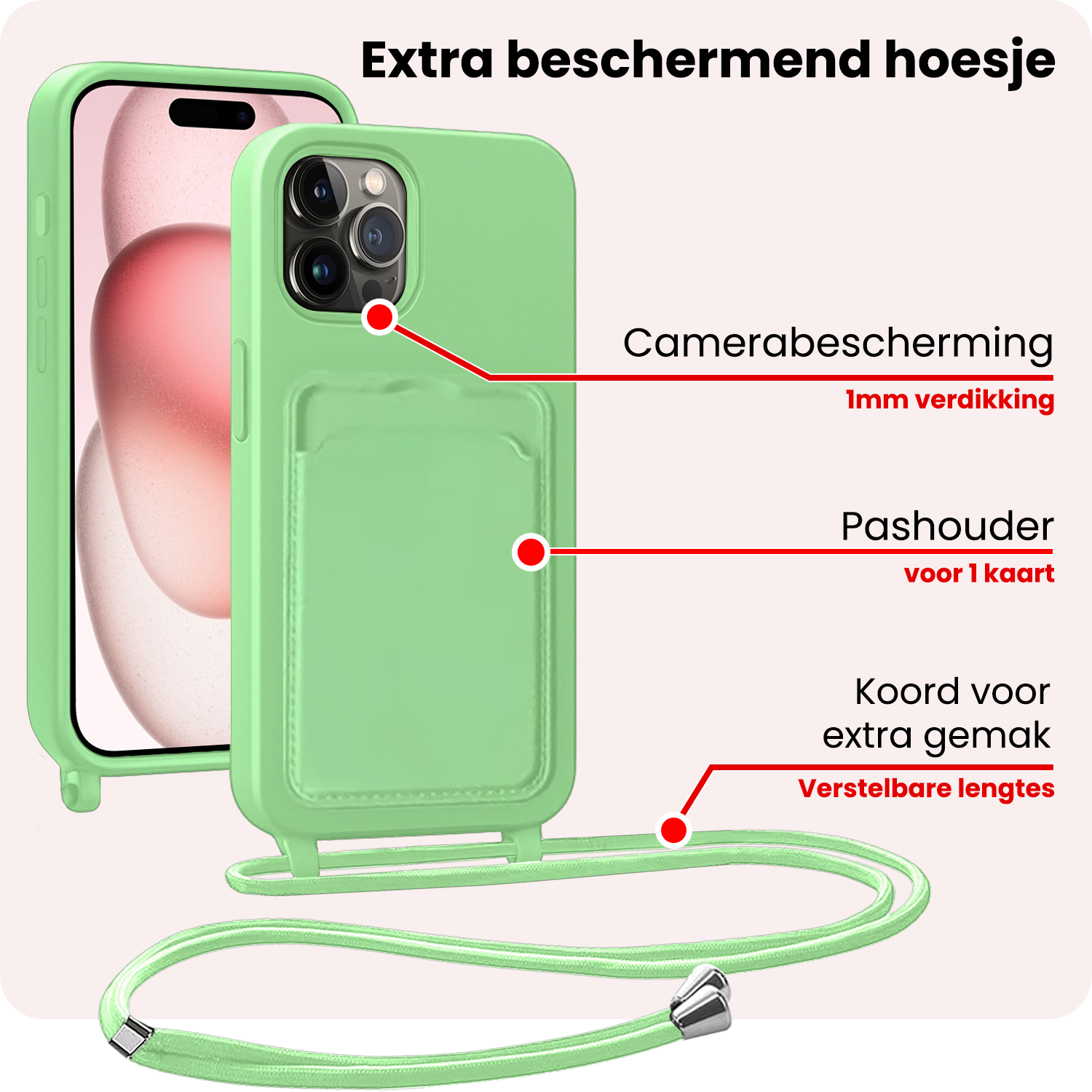 NoXx NoXx iPhone 14 Pro Max Hoesje Pashouder met Koord - Groen