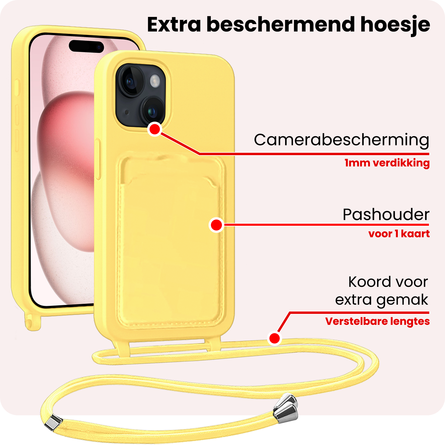 NoXx NoXx iPhone 14 Pro Max Hoesje Pashouder met Koord Met Screenprotector - Geel