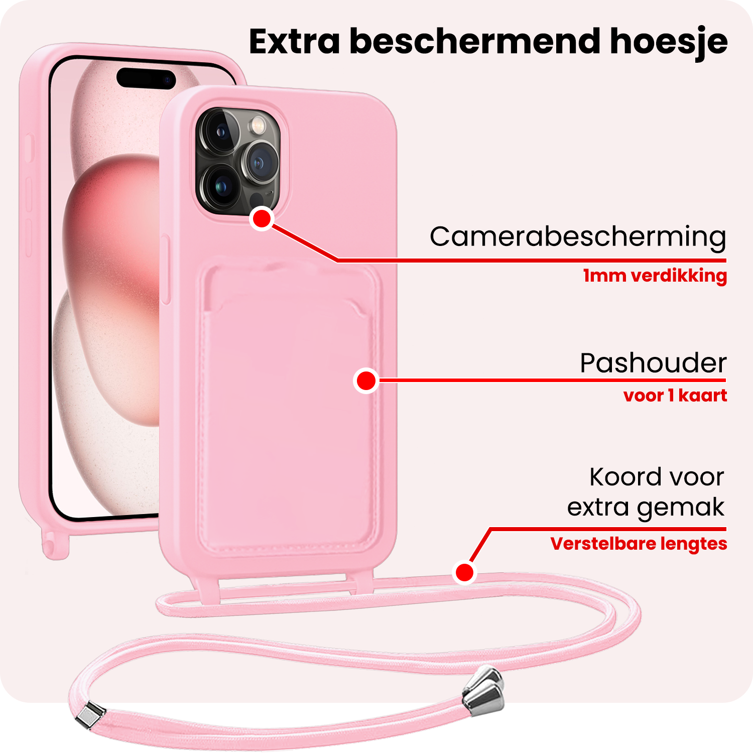 NoXx NoXx iPhone 14 Pro Hoesje Pashouder met Koord - Lichtroze