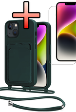 NoXx NoXx iPhone 14 Hoesje Pashouder met Koord Met Screenprotector - Donkergroen