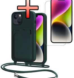 NoXx NoXx iPhone 14 Hoesje Pashouder met Koord Met Screenprotector - Donkergroen