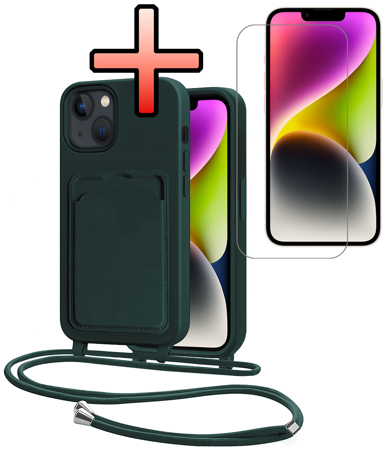 NoXx NoXx iPhone 14 Hoesje Pashouder met Koord Met Screenprotector - Donkergroen