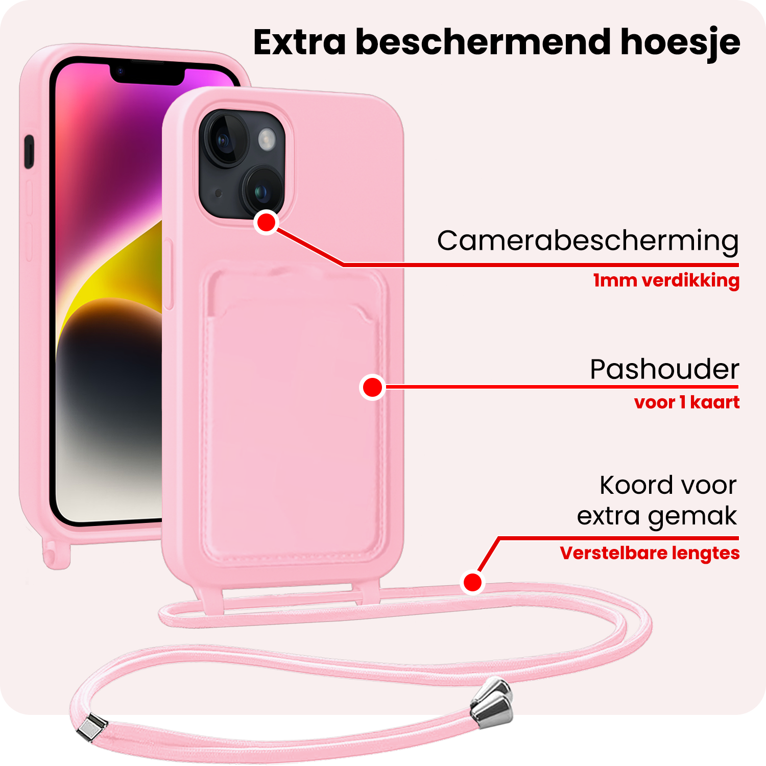 NoXx NoXx iPhone 14 Plus Hoesje Pashouder met Koord Met Screenprotector - Lichtroze