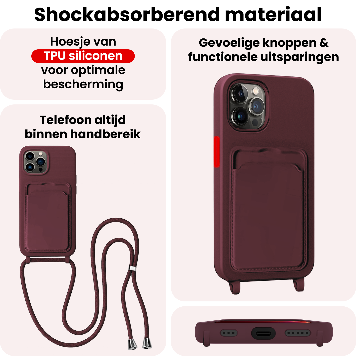 NoXx NoXx iPhone 13 Pro Hoesje Pashouder met Koord - Aubergine