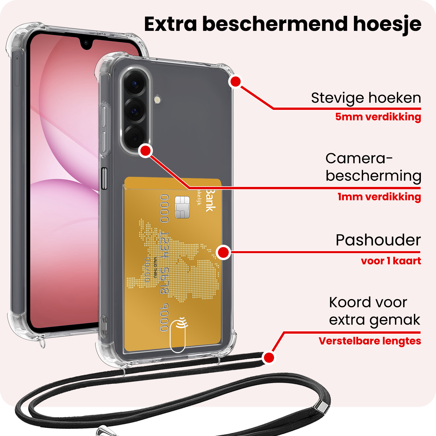 NoXx NoXx Samsung Galaxy A17 Hoesje Pashouder met Koord Met Screenprotector