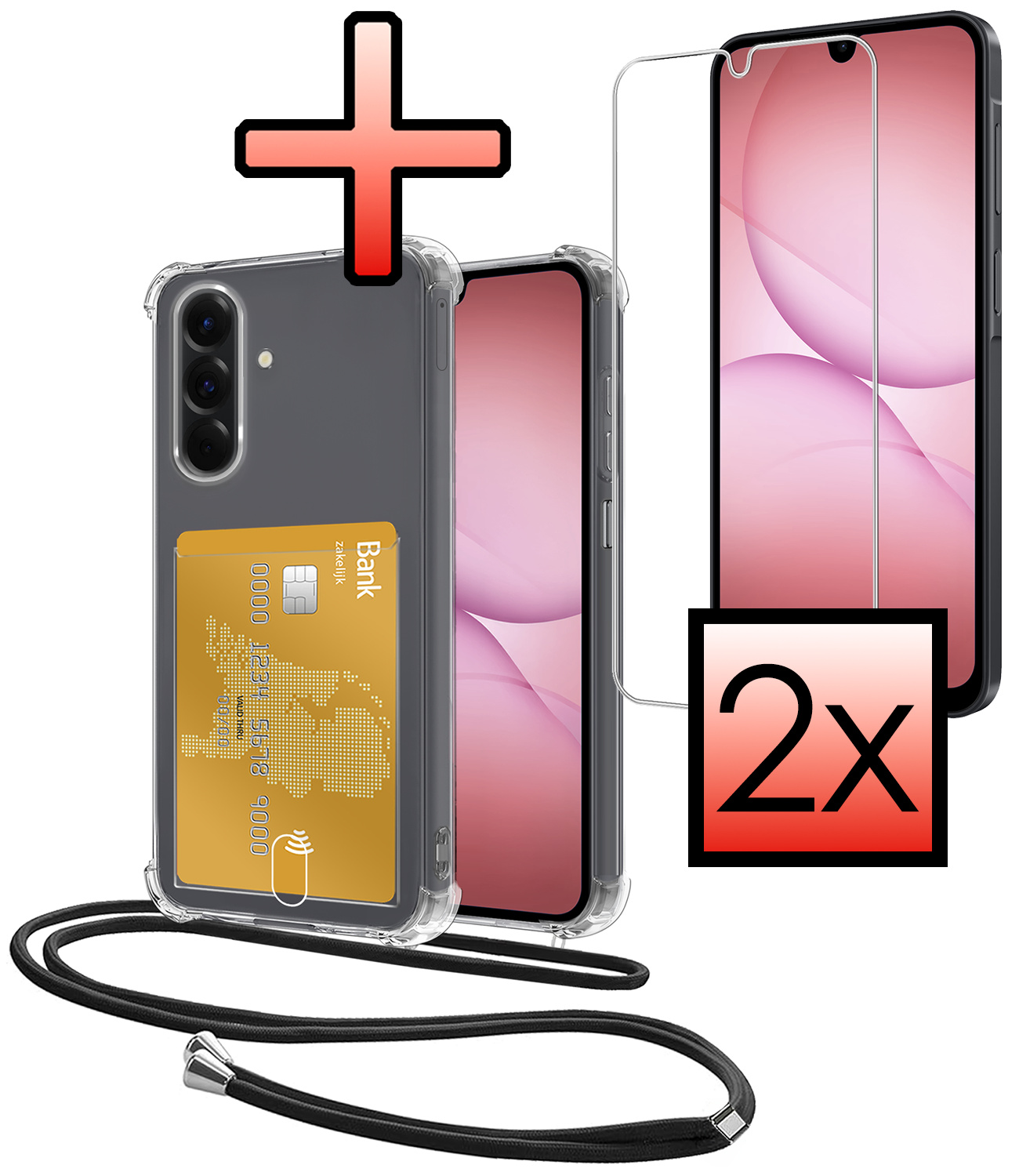 NoXx NoXx Samsung Galaxy A17 Hoesje Pashouder met Koord Met 2x Screenprotector