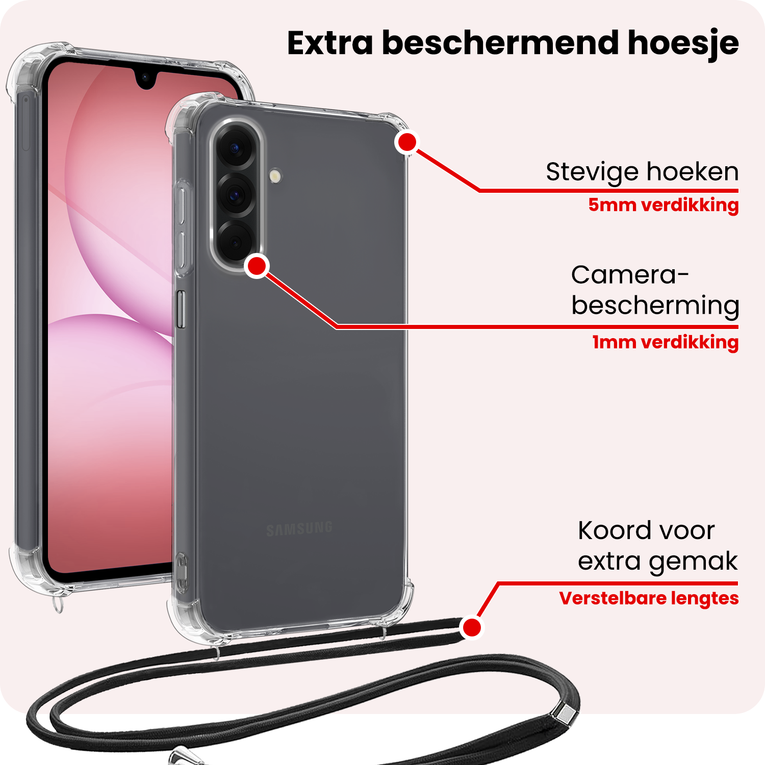 NoXx NoXx Samsung Galaxy A17 Hoesje Transparant Shockproof Met Zwart Koord