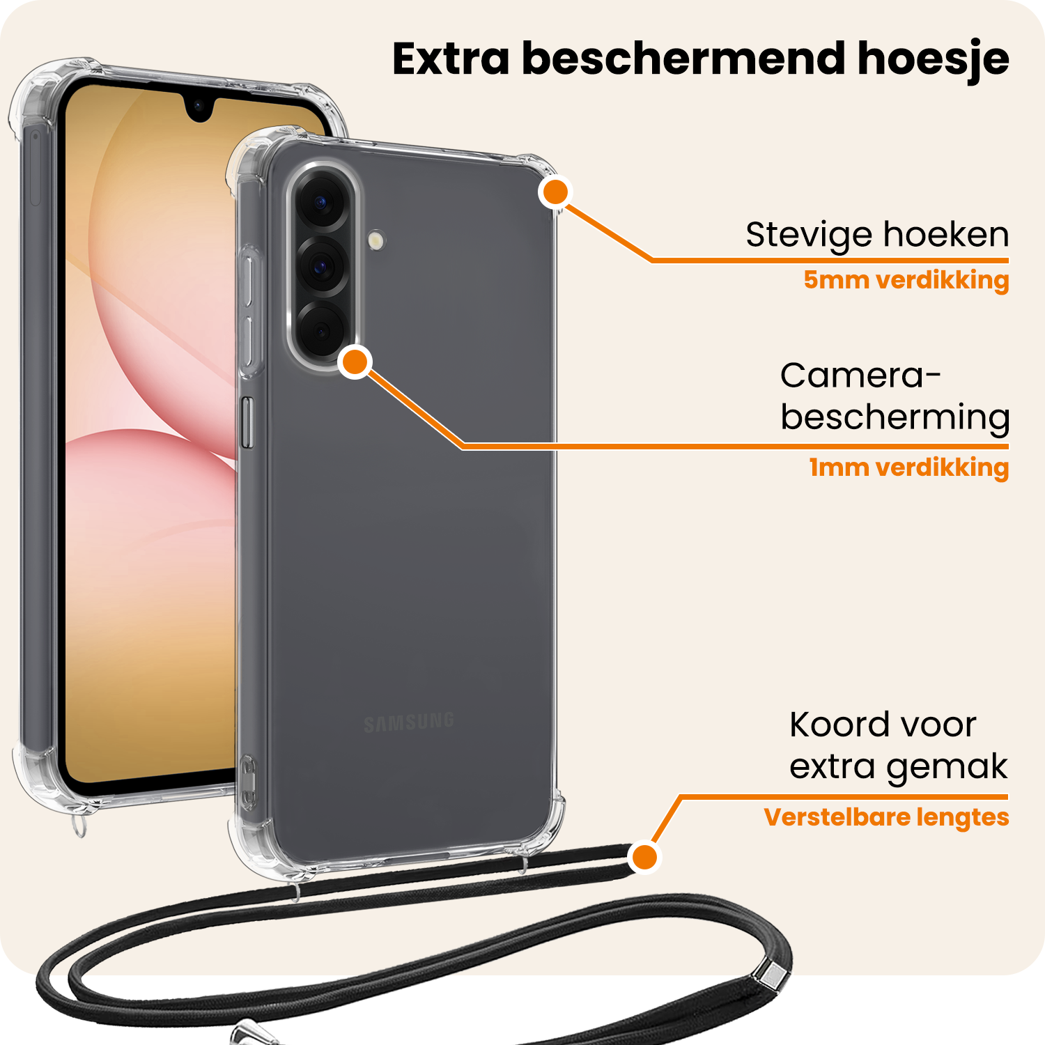 Nomfy Nomfy Samsung Galaxy A17 Hoesje Transparant Shockproof Met Zwart Koord