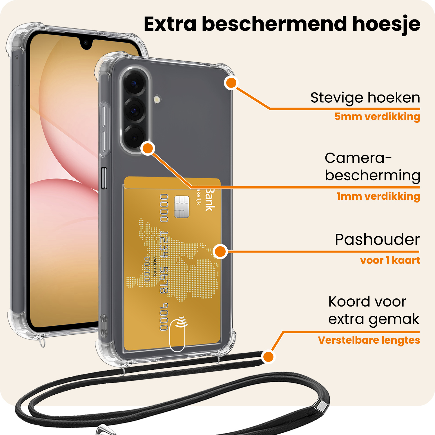 Nomfy Nomfy Samsung Galaxy A17 Hoesje Pashouder met Koord Met Screenprotector