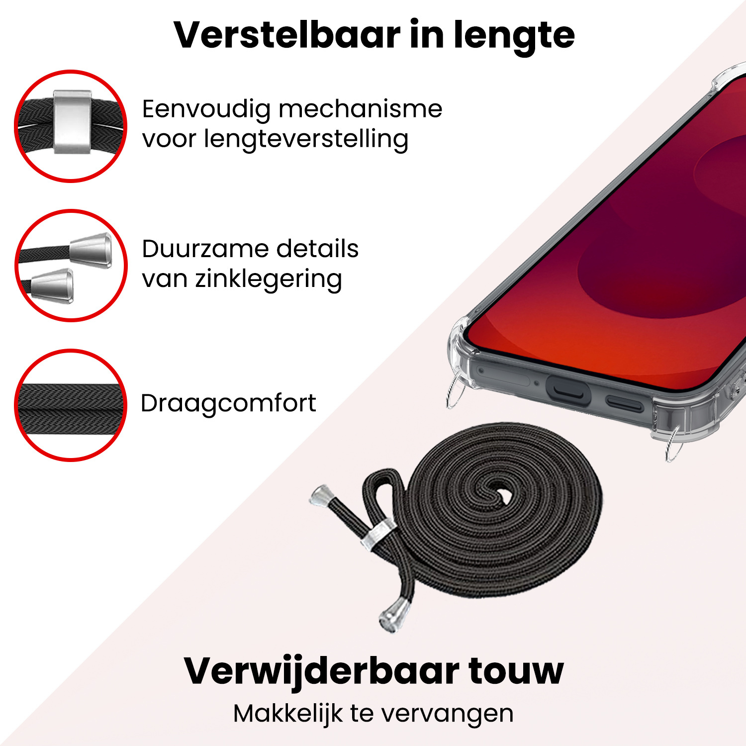 NoXx NoXx Samsung Galaxy S25 FE Hoesje Transparant Shockproof Met Zwart Koord
