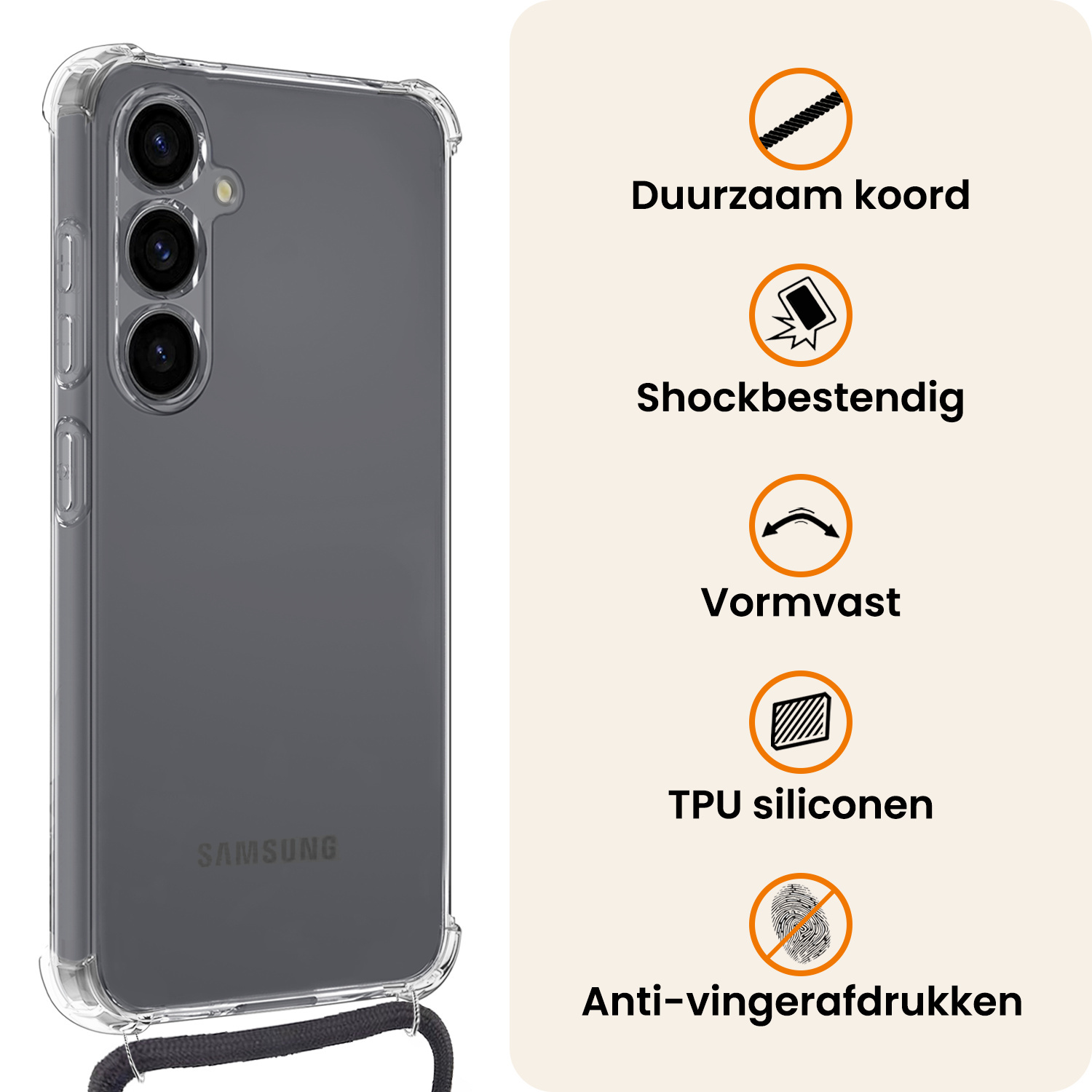 Nomfy Nomfy Samsung Galaxy S25 FE Hoesje Transparant Shockproof Met Zwart Koord