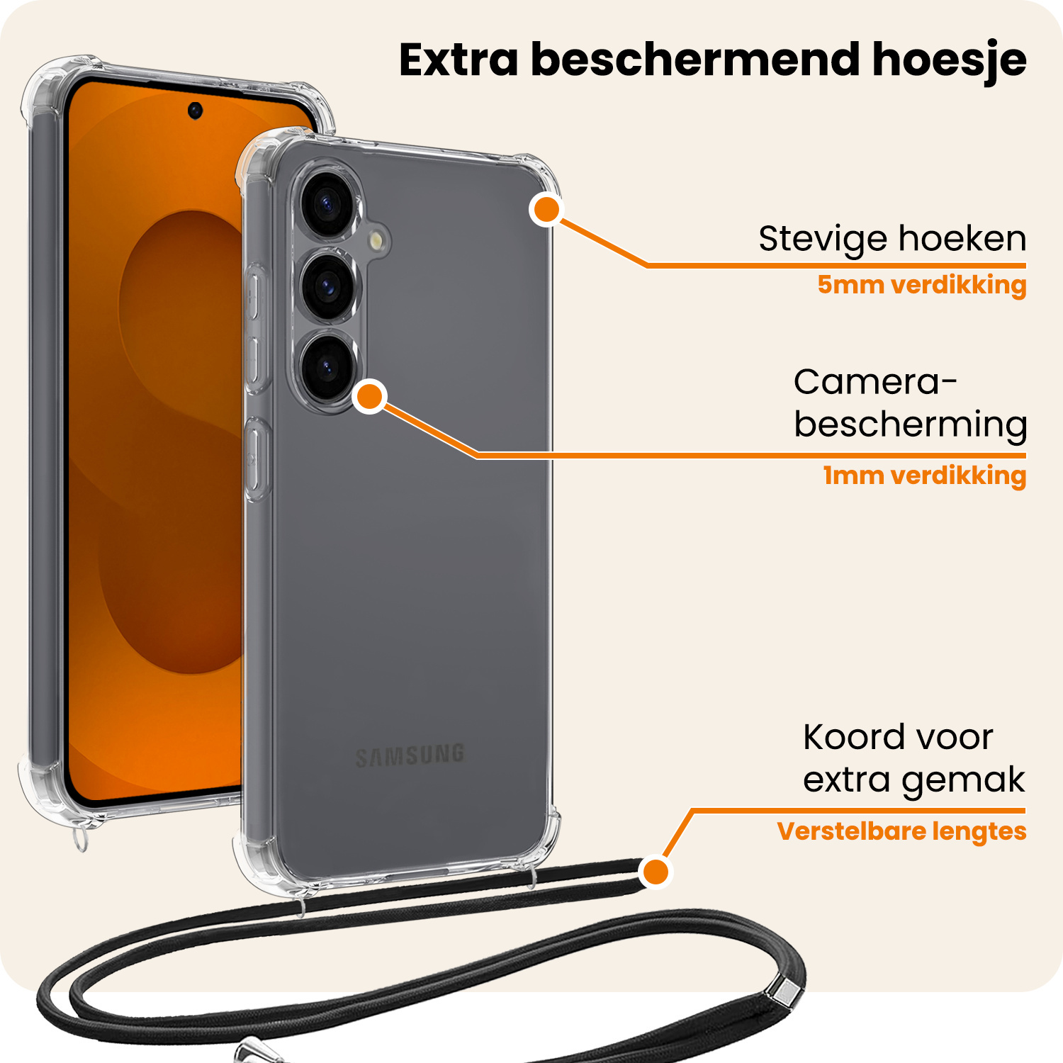 Nomfy Nomfy Samsung Galaxy S25 FE Hoesje Transparant Shockproof Met Zwart Koord