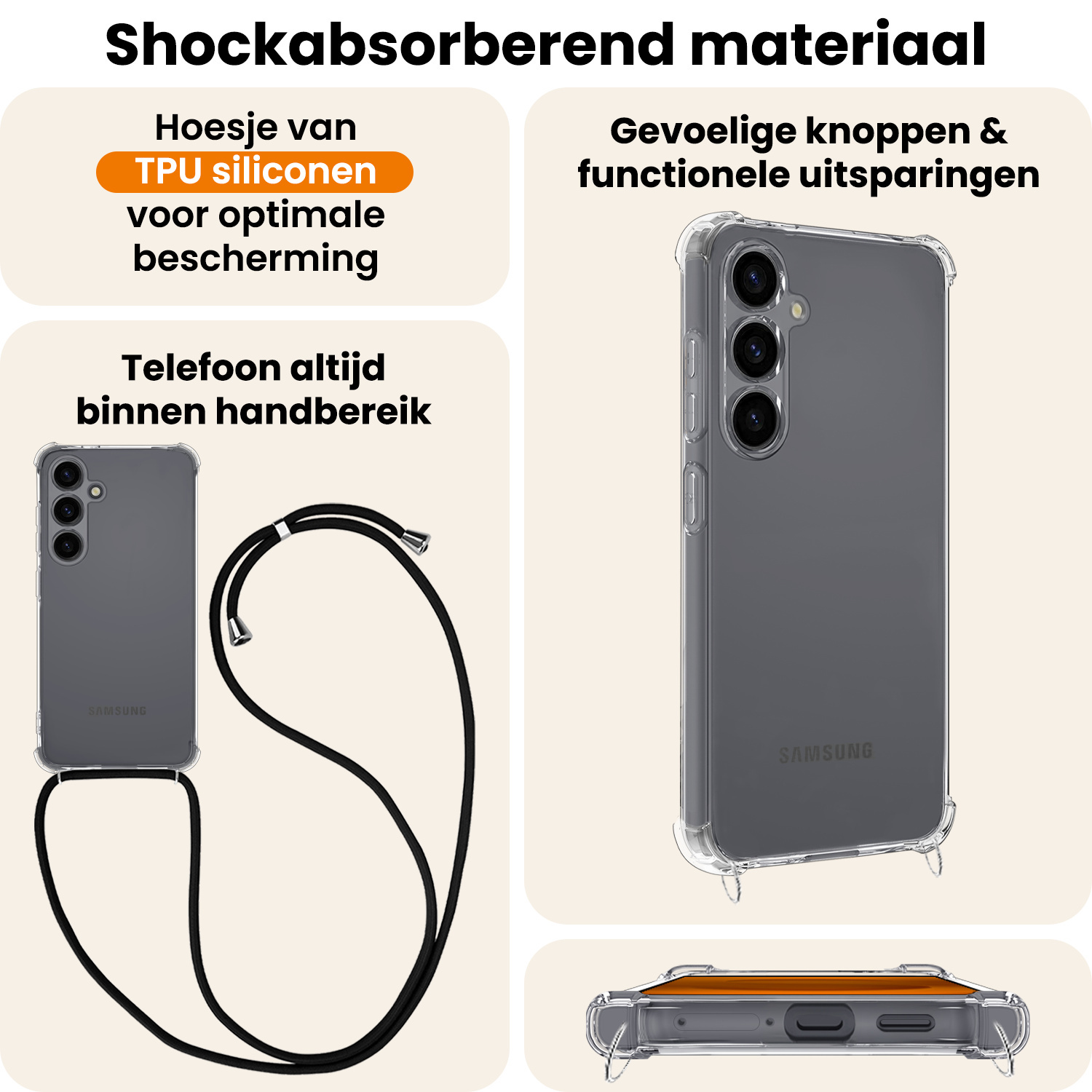 Nomfy Nomfy Samsung Galaxy S25 FE Hoesje Transparant Shockproof Met Zwart Koord