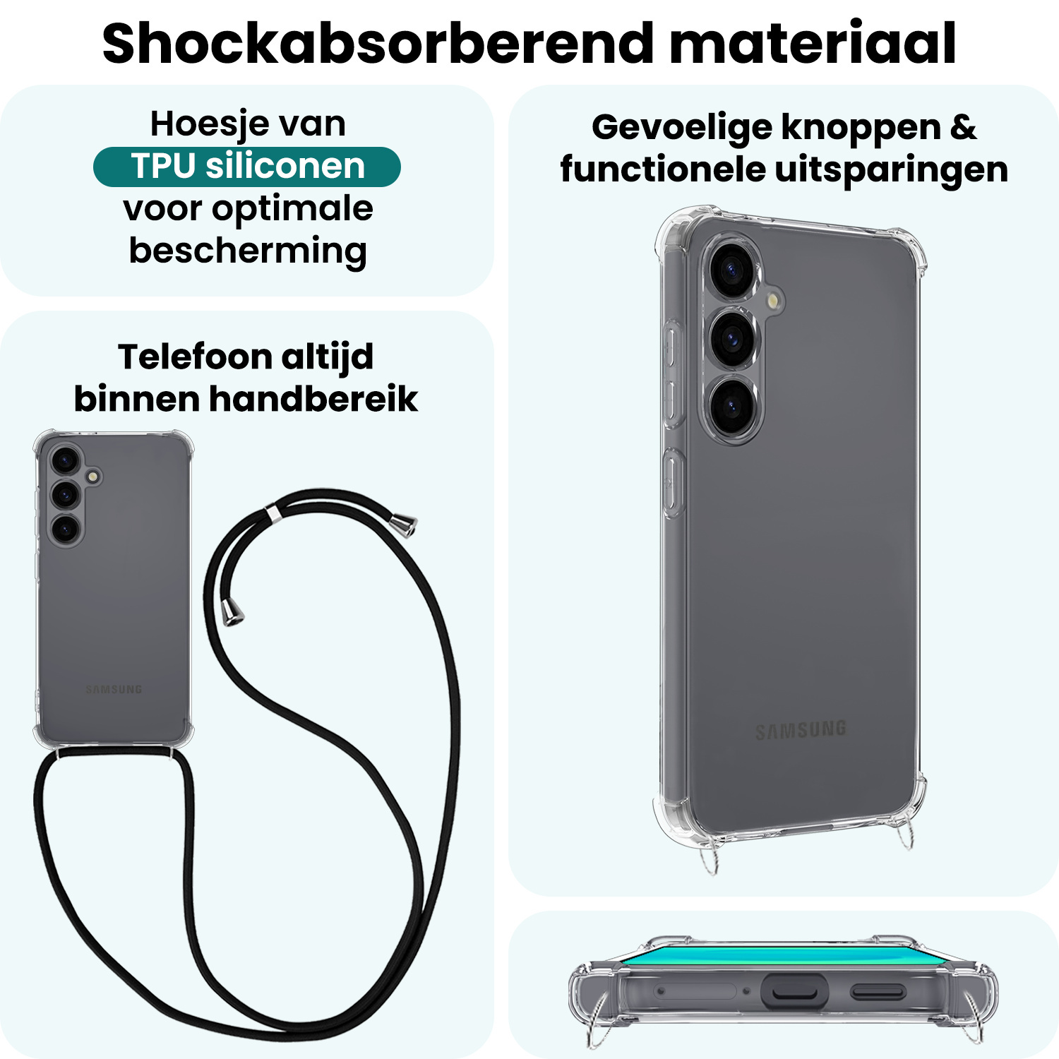 Forterra Forterra Samsung Galaxy S25 FE Hoesje Transparant Shockproof Met Zwart Koord
