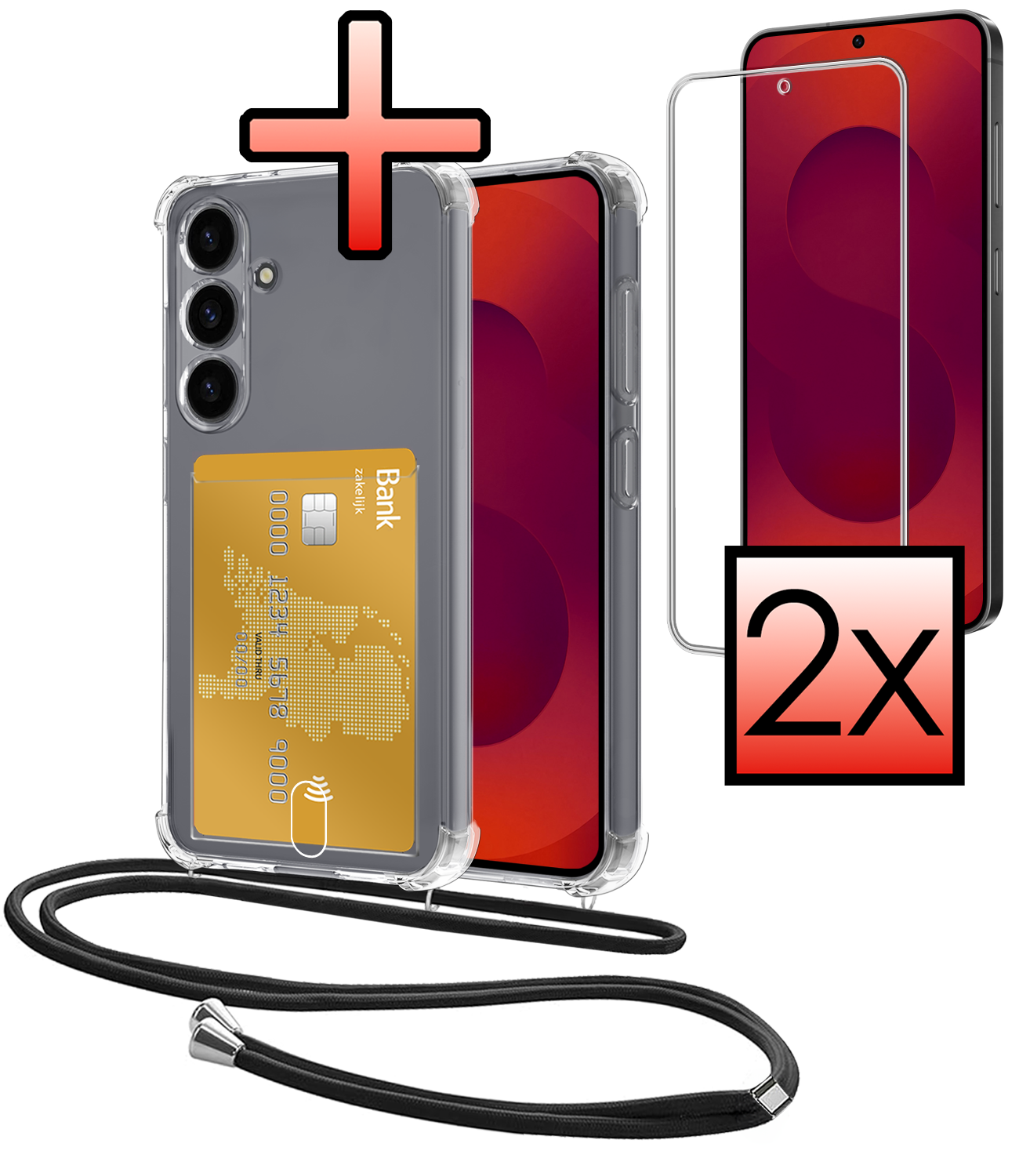 NoXx NoXx Samsung Galaxy S25 FE Hoesje Pashouder met Koord Met 2x Screenprotector