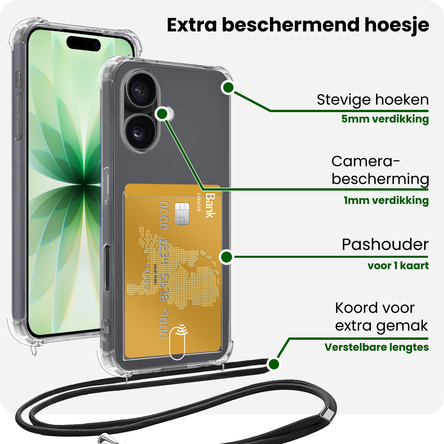 BASEY. BASEY. iPhone 17 Hoesje Pashouder met Koord Met Screenprotector