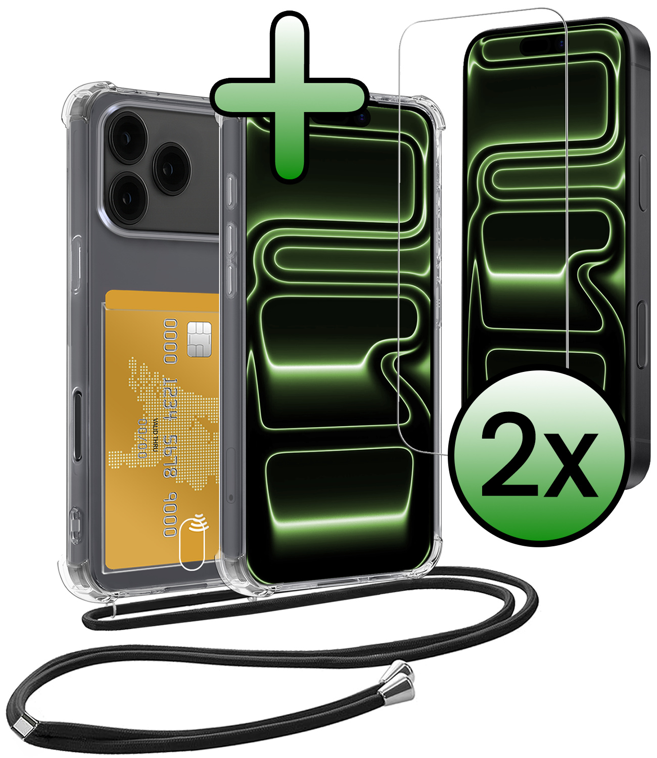 BASEY. BASEY. iPhone 17 Pro Hoesje Pashouder met Koord Met 2x Screenprotector