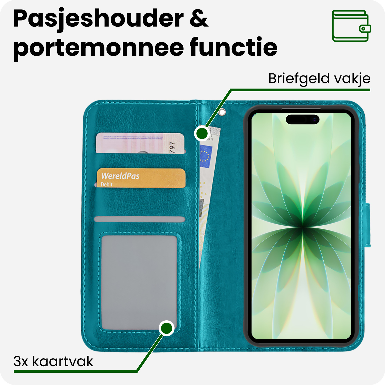 BASEY. BASEY. iPhone 17 Hoesje Bookcase Met Screenprotector - Turquoise