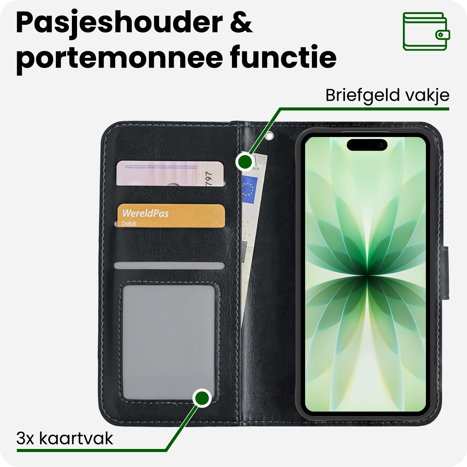 BASEY. BASEY. iPhone 17 Hoesje Bookcase Met 2x Screenprotector - Zwart