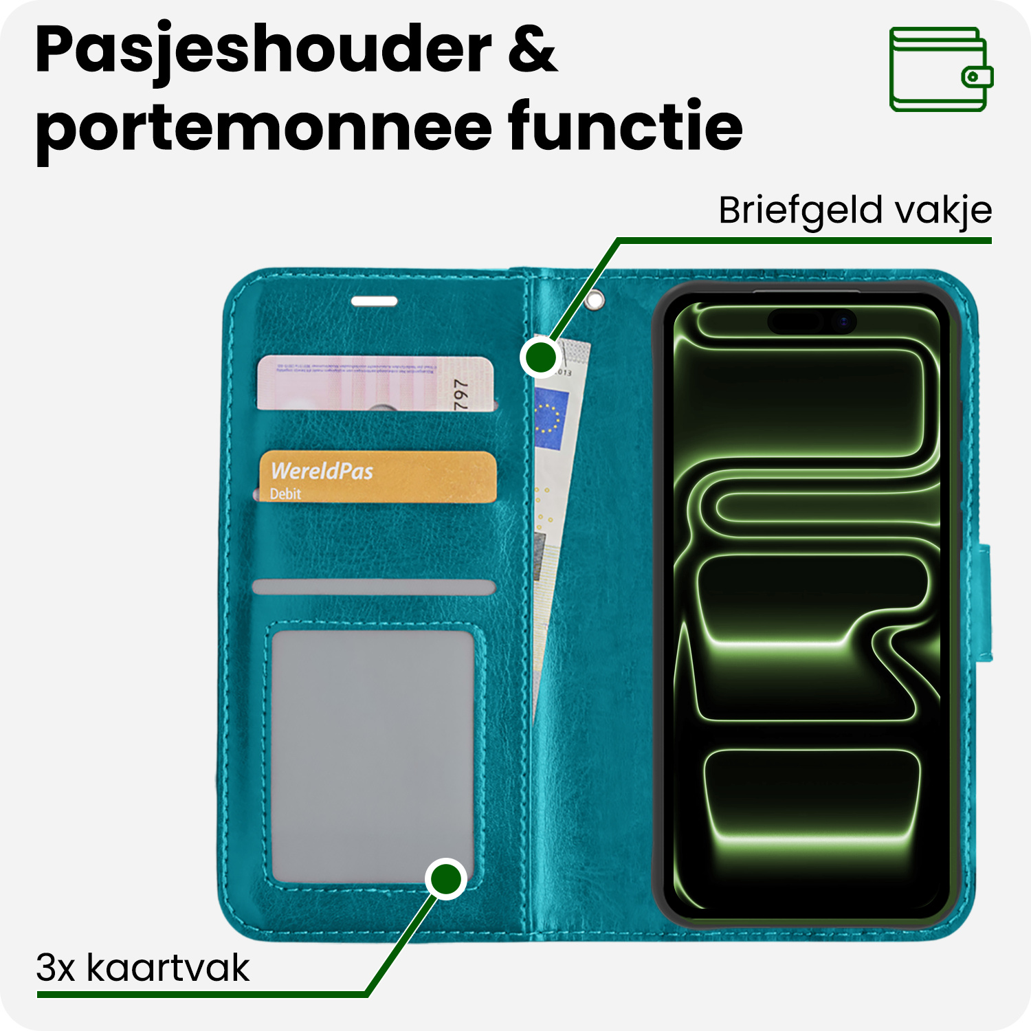 BASEY. BASEY. iPhone 17 Pro Max Hoesje Bookcase Met Screenprotector - Turquoise