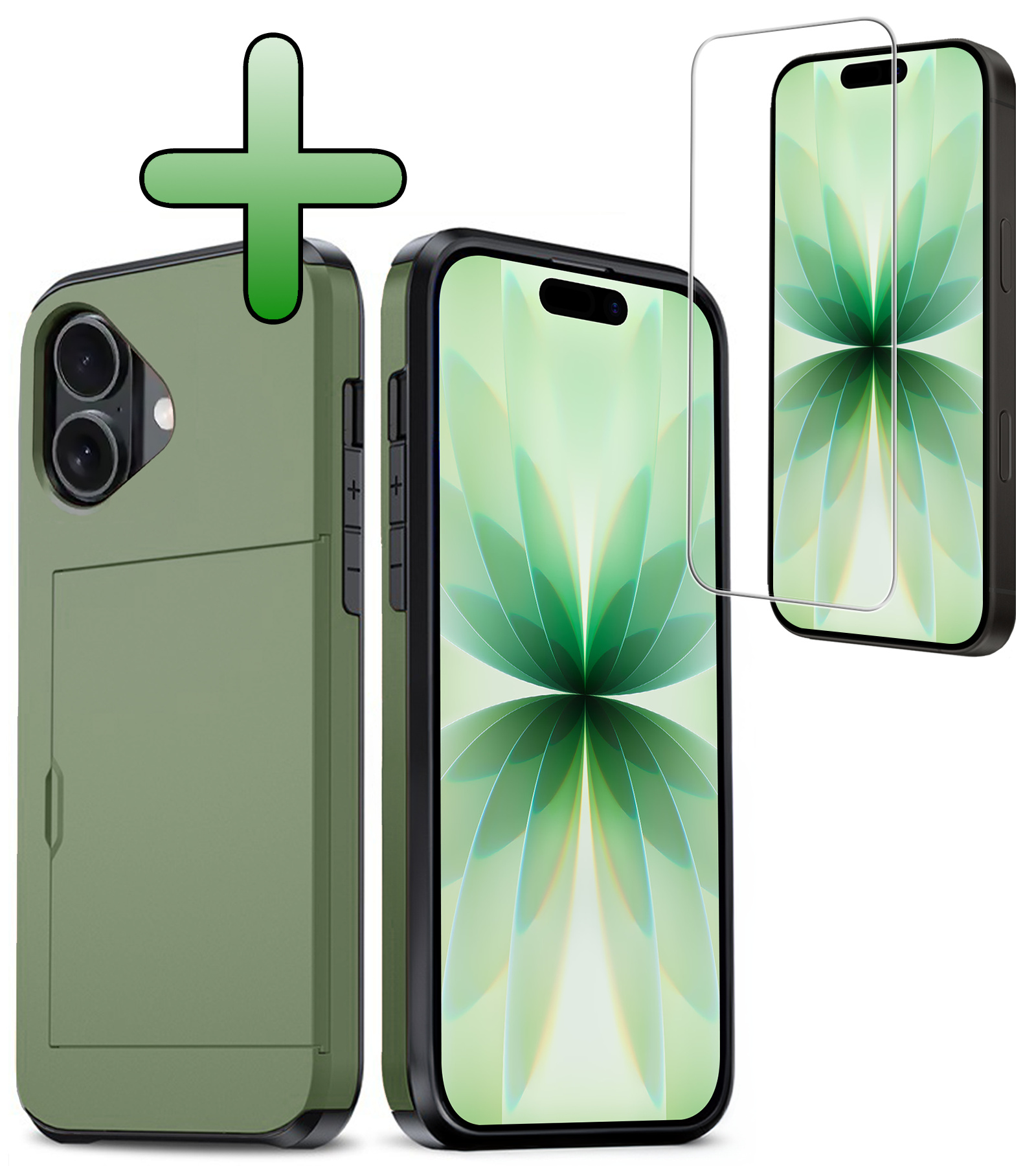 BASEY. BASEY. iPhone 17 Hoesje Pashouder Hard Met Screenprotector - Donker Groen
