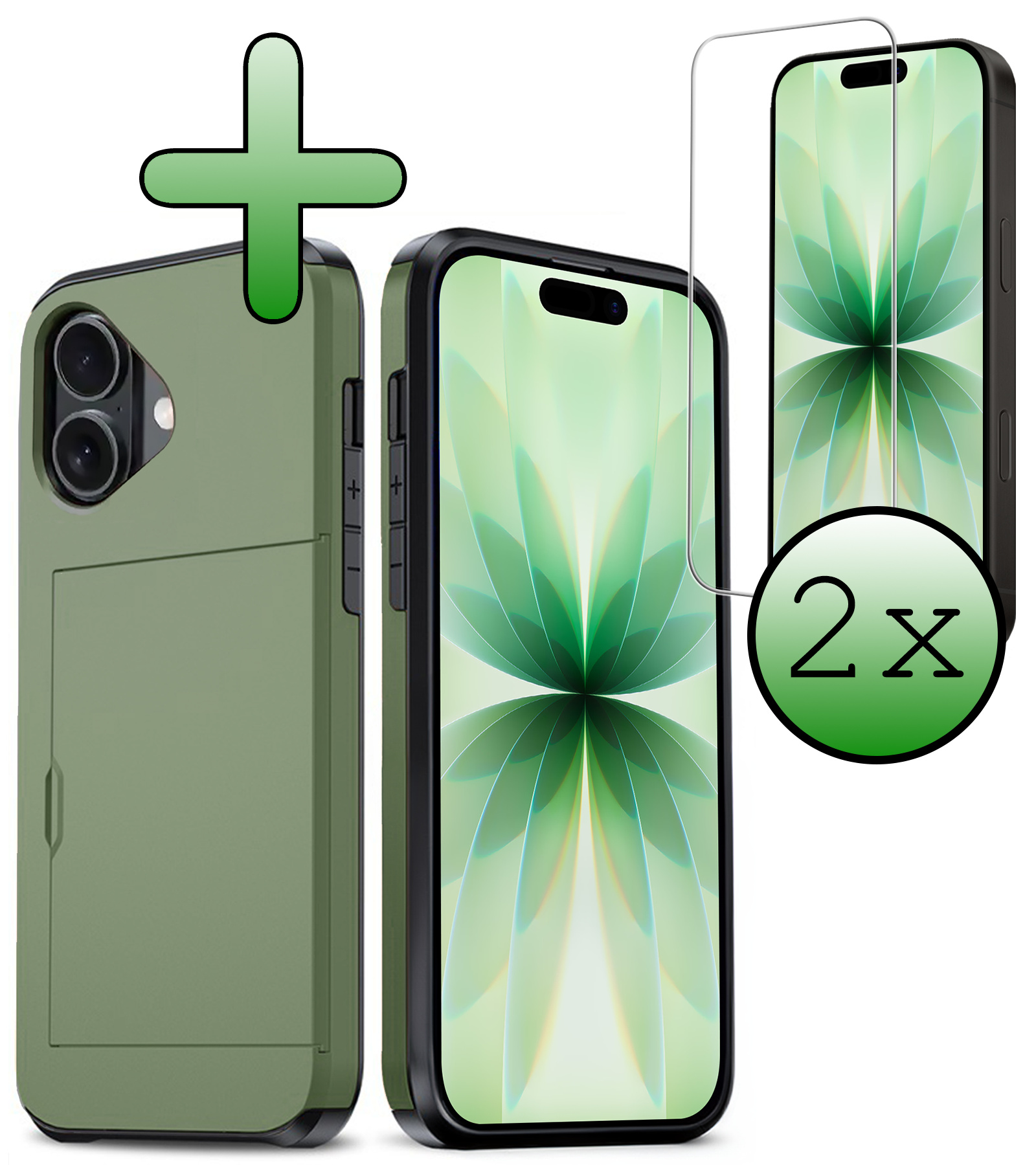 BASEY. BASEY. iPhone 17 Hoesje Pashouder Hard Met 2x Screenprotector - Donker Groen